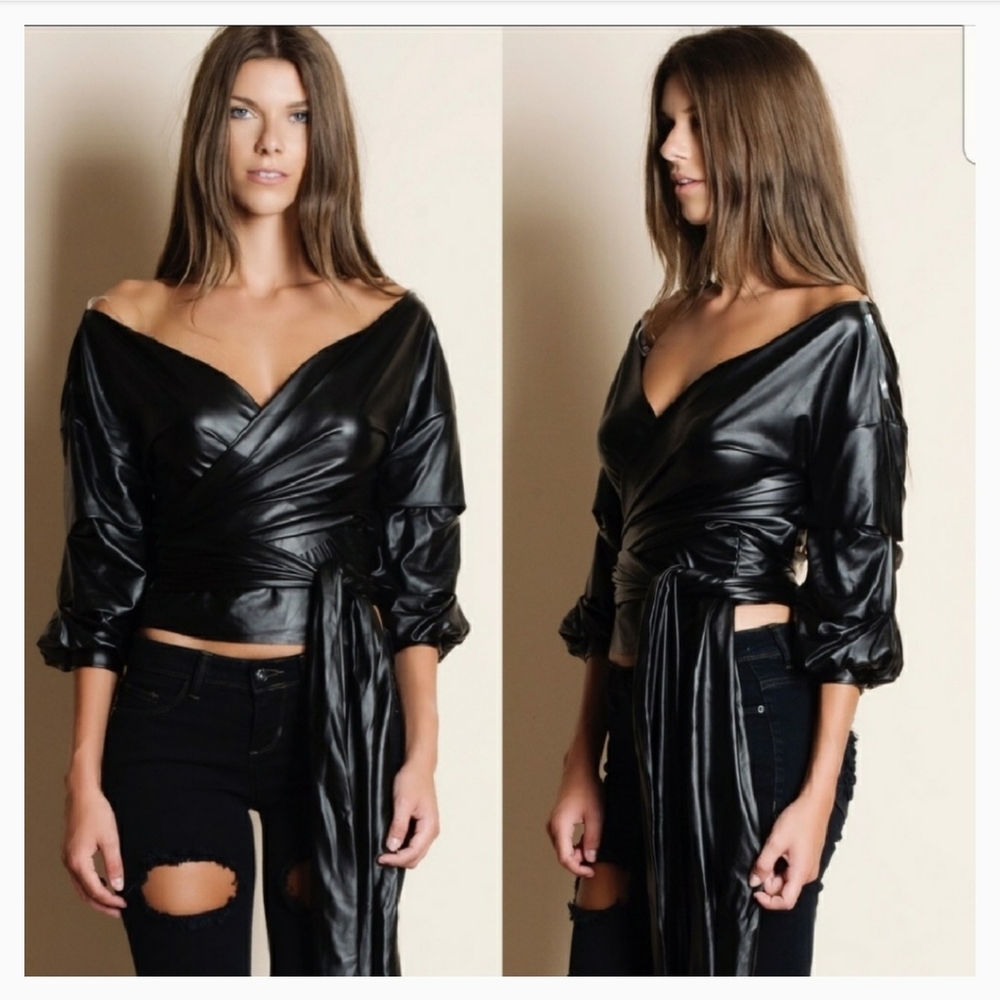 Vegan Leather Black Wrap Top - Last One! NWT - Picture 3 of 3